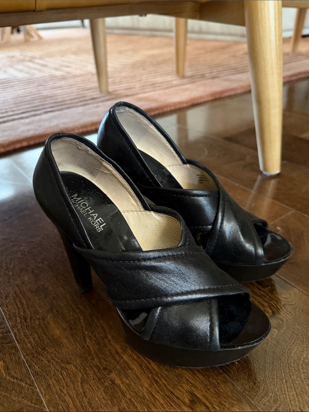 Michael Kors Black Leather Crossover Peep-Toe Platform Heels